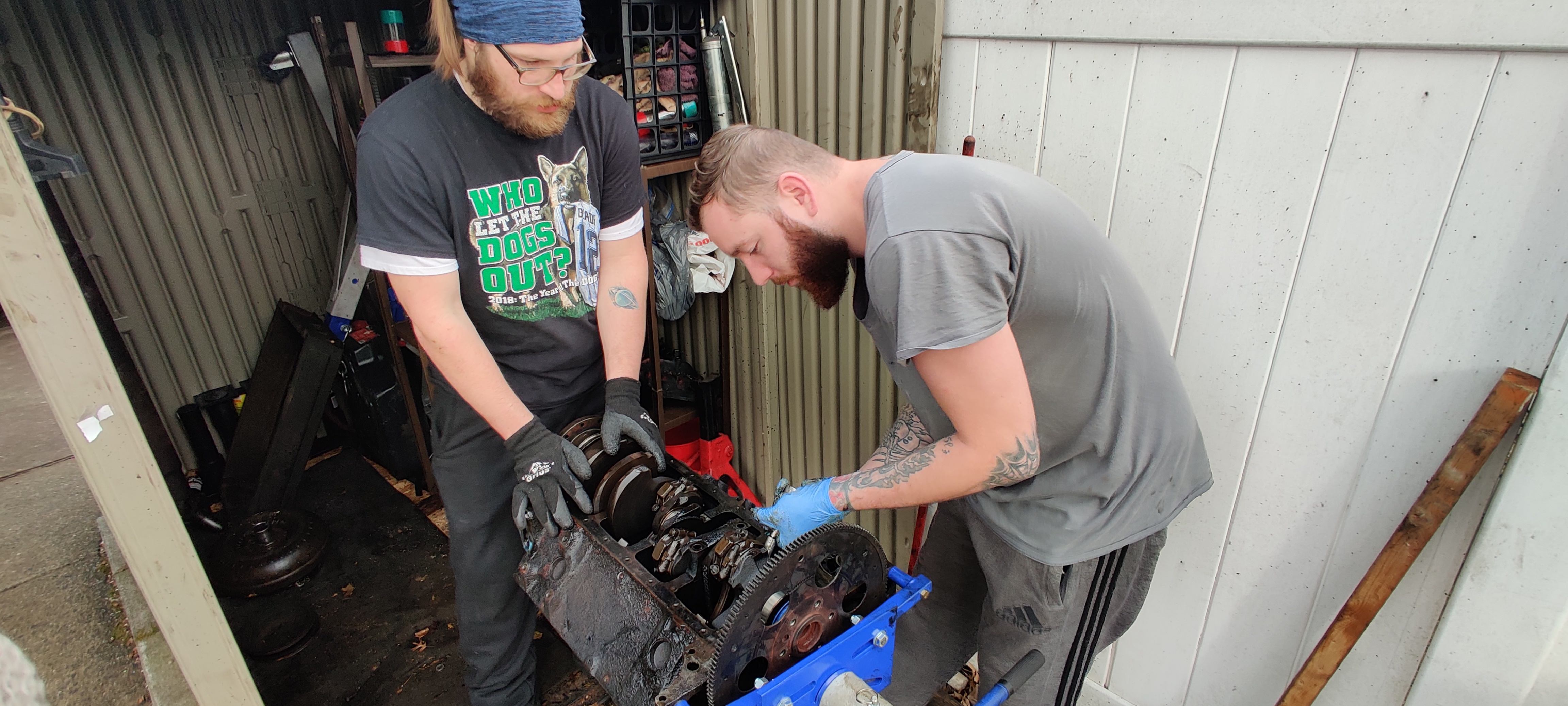 Brandon and Nick start taking the crankshaft bearings off